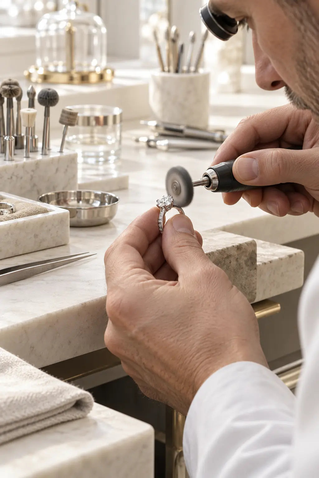 Engagement ring being polished by hand