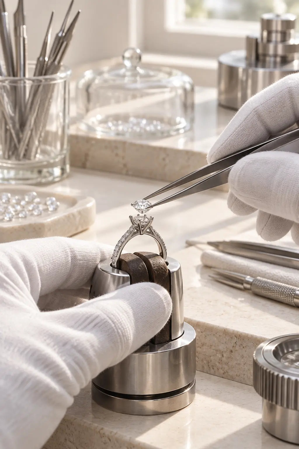 Diamond being set into an engagement ring