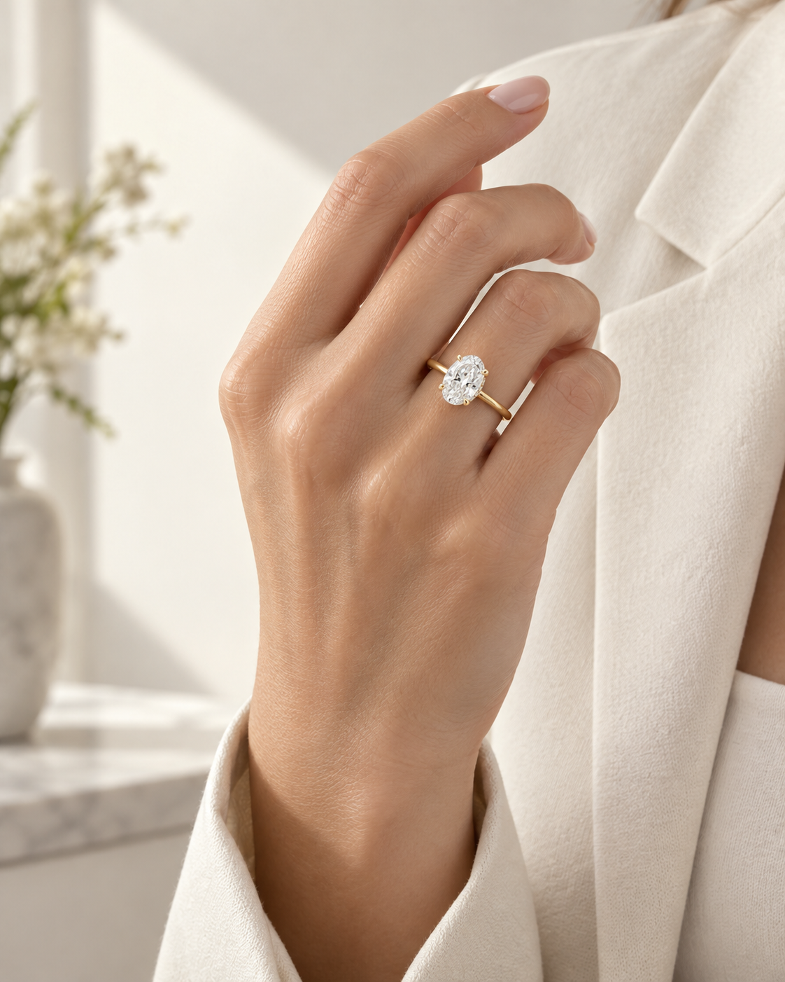 Model wearing a Southern Star Diamonds yellow gold oval engagement ring