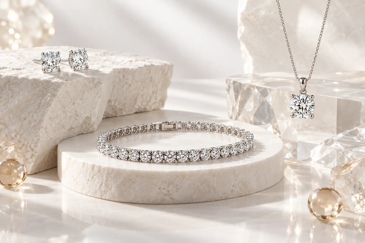 Diamond earrings, bracelet and pendant on ivory displays